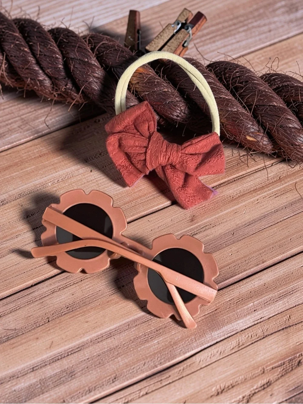 Toddler Girls Terracotta /Rust Flower Sunglasses & Matching Bow Headband Set
